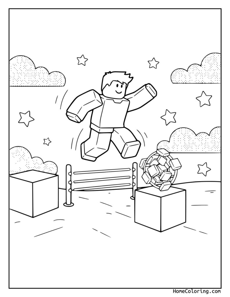 Roblox coloring page featuring a Minecraft character jumping with arms raised, surrounded by clouds, stars, cubes, and a playful terrain.
