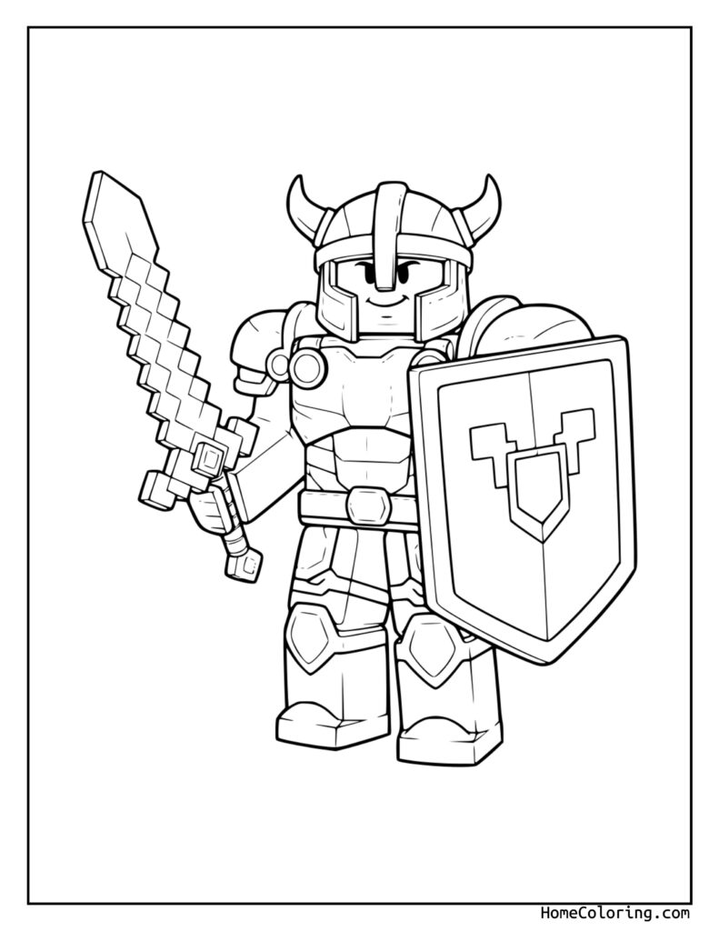 Roblox knight coloring page featuring a warrior in a horned helmet, pixelated sword, geometric shield, and detailed armor, standing ready for battle.