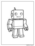 Robot Roblox coloring page: dibujo en blanco y negro de un robot con cuerpo rectangular, ojos circulares, boca pequeña y extremidades en forma de bloques, listo para colorear.