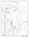 Rumi et Mira KPop Demon Hunters coloring page représentant deux chasseuses de démons en armure et robe fluide, armées de lances, dans une pièce fantaisiste avec fenêtre et cadres muraux.