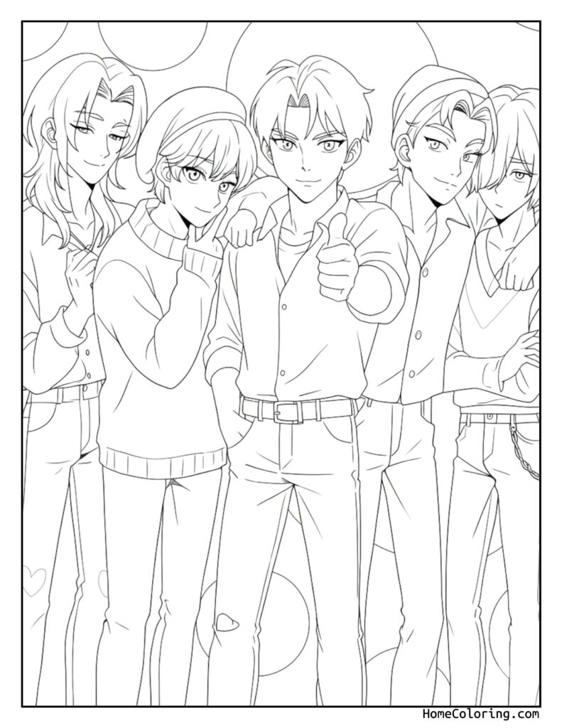 Saja Boys coloring page featuring five anime-style characters standing together with arms around each other, distinct hairstyles, and casual clothing in a black and white line drawing.