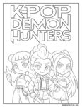 Simple K-Pop coloring page featuring three K-Pop Demon Hunters characters with weapons—nunchucks, sword, and staff—in a dynamic black and white line drawing.