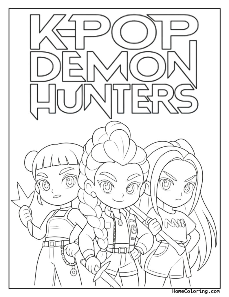 Simple K-Pop coloring page featuring three K-Pop Demon Hunters characters with weapons—nunchucks, sword, and staff—in a dynamic black and white line drawing.
