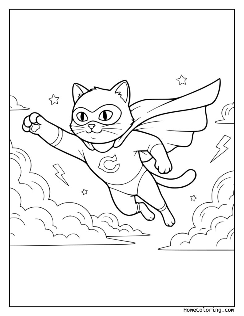 Super Cat coloring page featuring a superhero cat in a mask and cape, flying through the sky with lightning bolts and stars around.