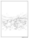 Border collie menant un troupeau de moutons dans un pré vert, avec une clôture, des arbres et des oiseaux dans le ciel, illustration à colorier pour enfants.