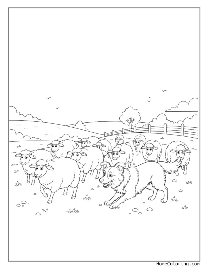 Border collie herding sheep coloring page showing a lively pastoral scene with a dog guiding sheep in a grassy field, trees, a fence, rolling hills, and birds in the sky.