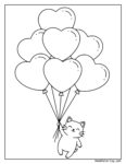 Katze Ausmalbild mit Herzen: Ein niedliches Kätzchen hält einen Strauß herzförmiger Luftballons an Schnüren und schaut fröhlich nach oben.