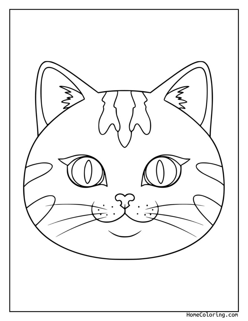 Cat coloring sheet featuring a detailed black and white line drawing of a cat's face with expressive eyes, whiskers, and fur patterns.