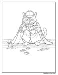 Cat detective coloring page featuring a cartoon cat in a deerstalker hat, coat, and scarf, holding a magnifying glass, with ink, coins, paw prints, and a feather nearby.