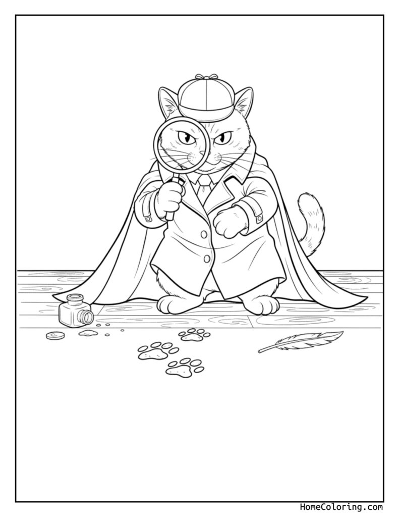 Cat detective coloring page featuring a cartoon cat in a deerstalker hat, coat, and scarf, holding a magnifying glass, with ink, coins, paw prints, and a feather nearby.