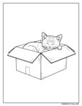 Katze in einer Kiste Ausmalbild: Ein niedliches Kätzchen schläft zusammengerollt in einem offenen Karton mit sichtbaren Laschen und einer kleinen Aussparung.