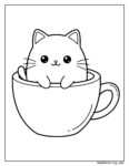 Dibujo para colorear de gato en una taza, con un felino tierno sentado dentro de una taza de té, bigotes largos y ojos expresivos, diseño sencillo en líneas negras.