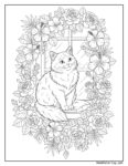 Cat in window with flowers coloring page featuring a peaceful cat sitting on a windowsill surrounded by roses and intricate foliage.
