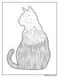 Katze auf der Fensterbank mit Blumenkranz Ausmalbild: Silhouette einer sitzenden Katze mit Bergen, Wald, Sternenhimmel und Mond zum Ausmalen.