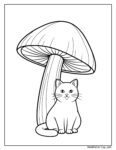 Chat avec un champignon coloriage montrant un chat assis sous un grand champignon à chapeau détaillé et tige fine, dessin à contours noirs sur fond blanc.