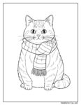 Katze mit Schal Ausmalbild: Eine sitzende Katze mit rundem Gesicht, großen Augen und einem lässig umgebundenen Schal zum Ausmalen.