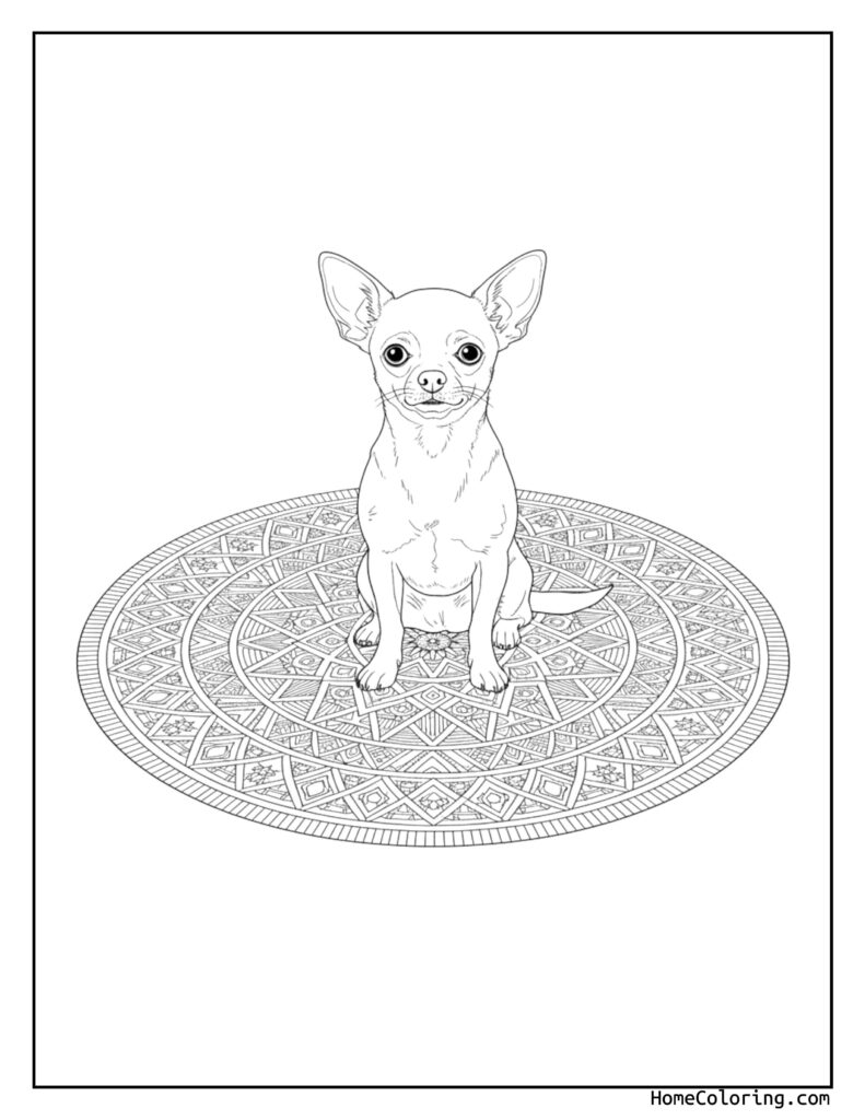 Chihuahua dog mandala rug coloring page featuring a small Chihuahua sitting on an intricate geometric patterned rug with large ears and expressive eyes.