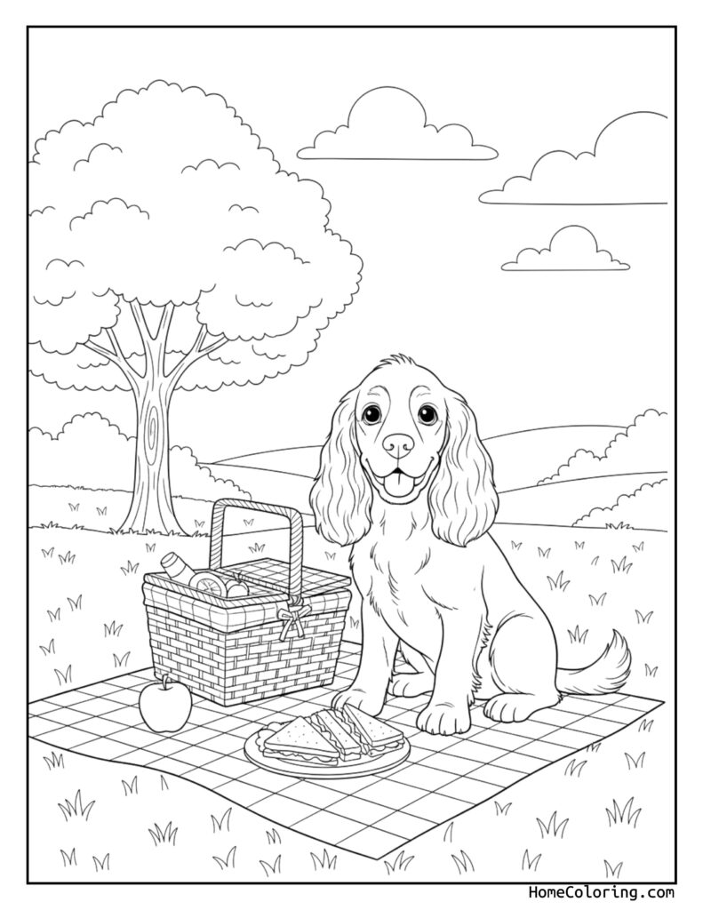 Cocker Spaniel coloring page featuring a dog sitting on a checkered blanket next to a picnic basket with a sandwich, bottle, and apple under a tree with clouds and hills.