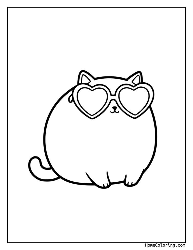 Coloring page cat with hearts featuring a chubby, adorable cat wearing heart-shaped glasses, sitting with paws spread out, perfect for kids to color.