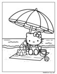 coloriage hello kitty plage où elle est assise sur une serviette avec un seau et une pelle, à côté d’un château de sable et sous un parasol, avec l’océan en arrière-plan