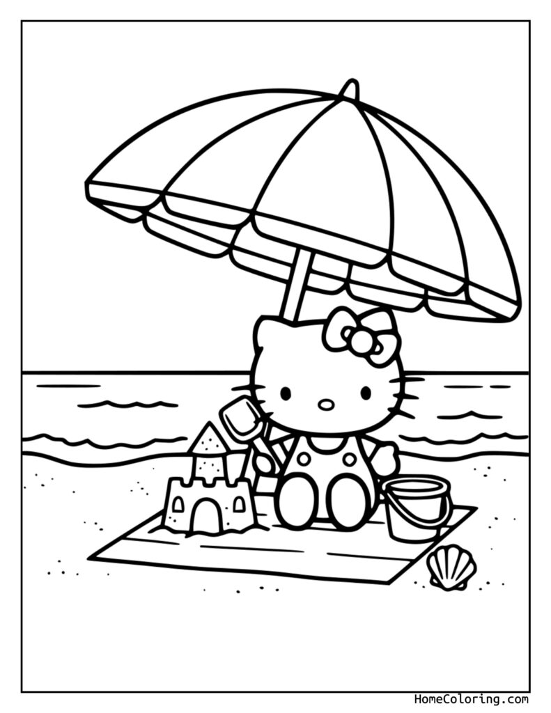 Hello Kitty coloring page featuring the beloved character sitting on a beach towel under an umbrella, building a sandcastle with a bucket and shovel, and a seashell nearby.