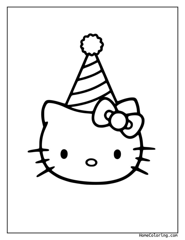 Hello Kitty coloring pages featuring a cute black and white line drawing of Hello Kitty wearing a striped party hat with a bow, large eyes, and whiskers.
