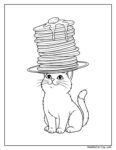 Dibujo para colorear de gatito con cupcake: un gato equilibra un stack de panqueques con mantequilla y sirope en su cabeza, mirando al frente con expresión tranquila.