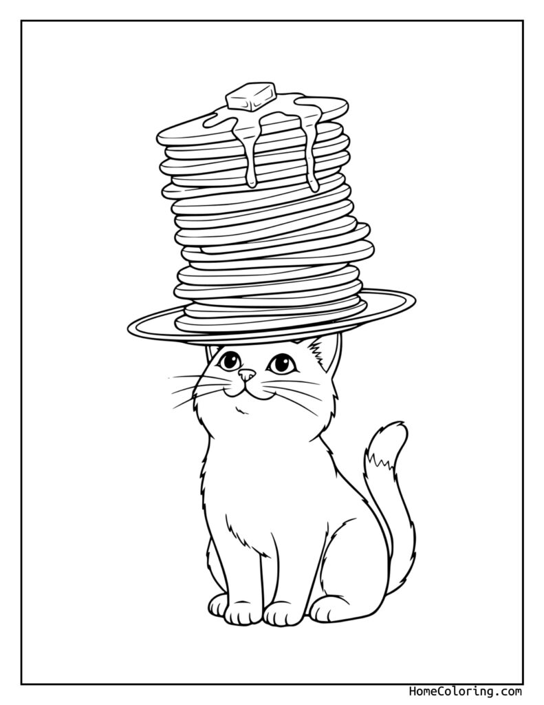 Cupcake cat coloring page featuring a playful cat with a stack of pancakes as a hat, topped with butter and dripping syrup.