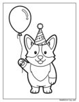 kolorowanka urodzinowa słodkiego corgi w czapeczce imprezowej, trzymającego balon z wesołą minką, gotowa do pokolorowania przez dzieci