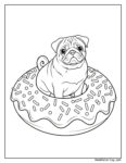 Dibujo para colorear de un pug sentado dentro de un donut con glaseado y sprinkles, mirando con curiosidad