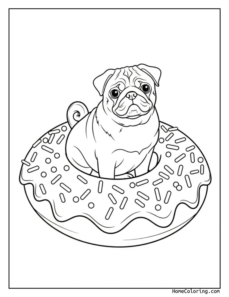 Cute pug donut coloring page featuring a pug sitting inside a doughnut with icing and sprinkles, looking curiously at the viewer.