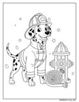 dalmatien pompier coloriage représentant un chien dalmatien en tenue de pompier avec casque, veste à boutons et bottes, près d'une bouche à incendie et d'un tuyau enroulé