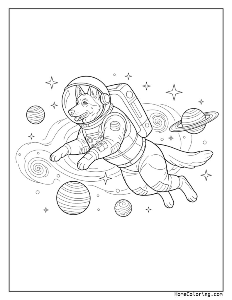 Dog astronaut floating in space surrounded by planets, stars, and a detailed astronaut suit with helmet and backpack.