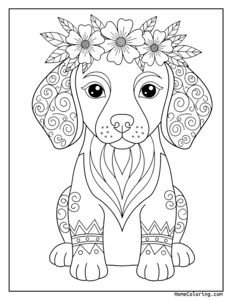 Dog coloring page featuring a detailed puppy with intricate patterns on its ears and body, wearing a floral crown and decorative paw bands.