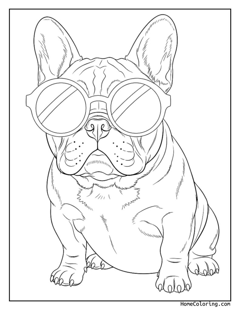 French Bulldog sunglasses coloring page featuring a detailed line drawing of a bulldog wearing large, round glasses, sitting and looking forward.