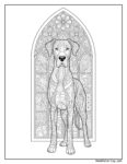 Great Dane Ausmalbild mit detailliertem Hund vor einem verzierten gotischen Kirchenfenster mit floralen Mustern und Ranken, zum Ausdrucken und Ausmalen.
