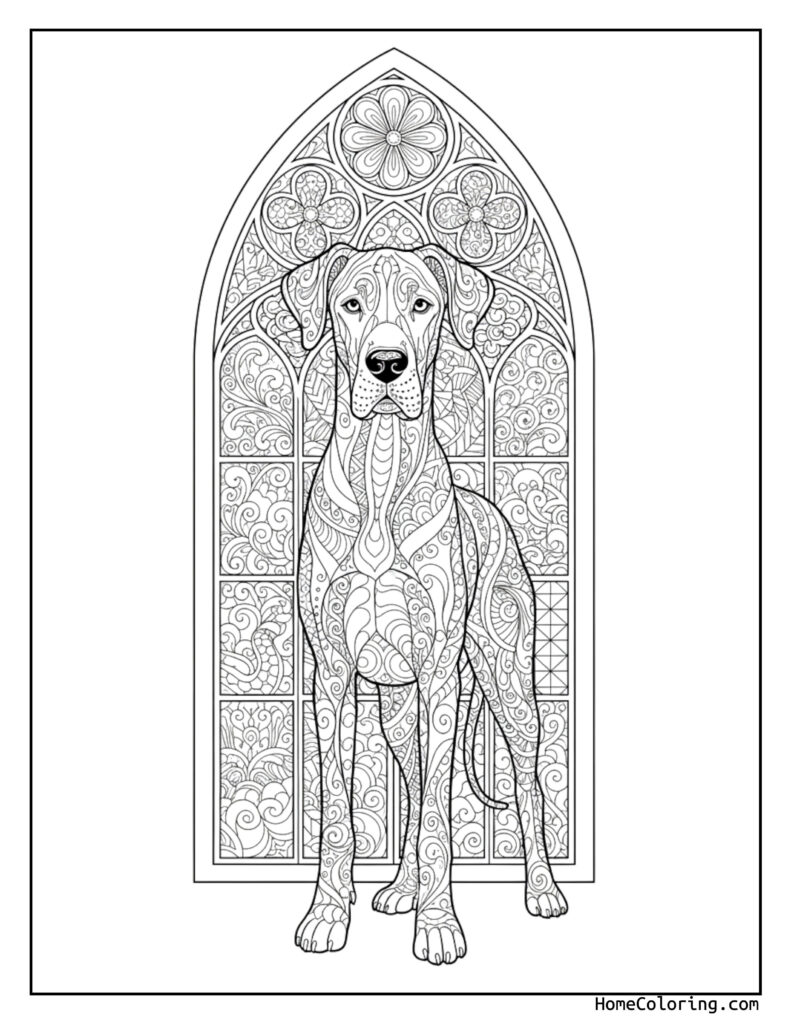 Great Dane stained glass coloring page featuring a large dog standing in front of an ornate Gothic arched window with floral motifs and swirling patterns.