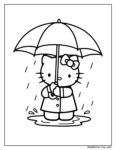 Hello Kitty sous la pluie avec un parapluie ouvert, un imperméable et un nœud sur la tête, debout dans une flaque avec des gouttes tombantes.