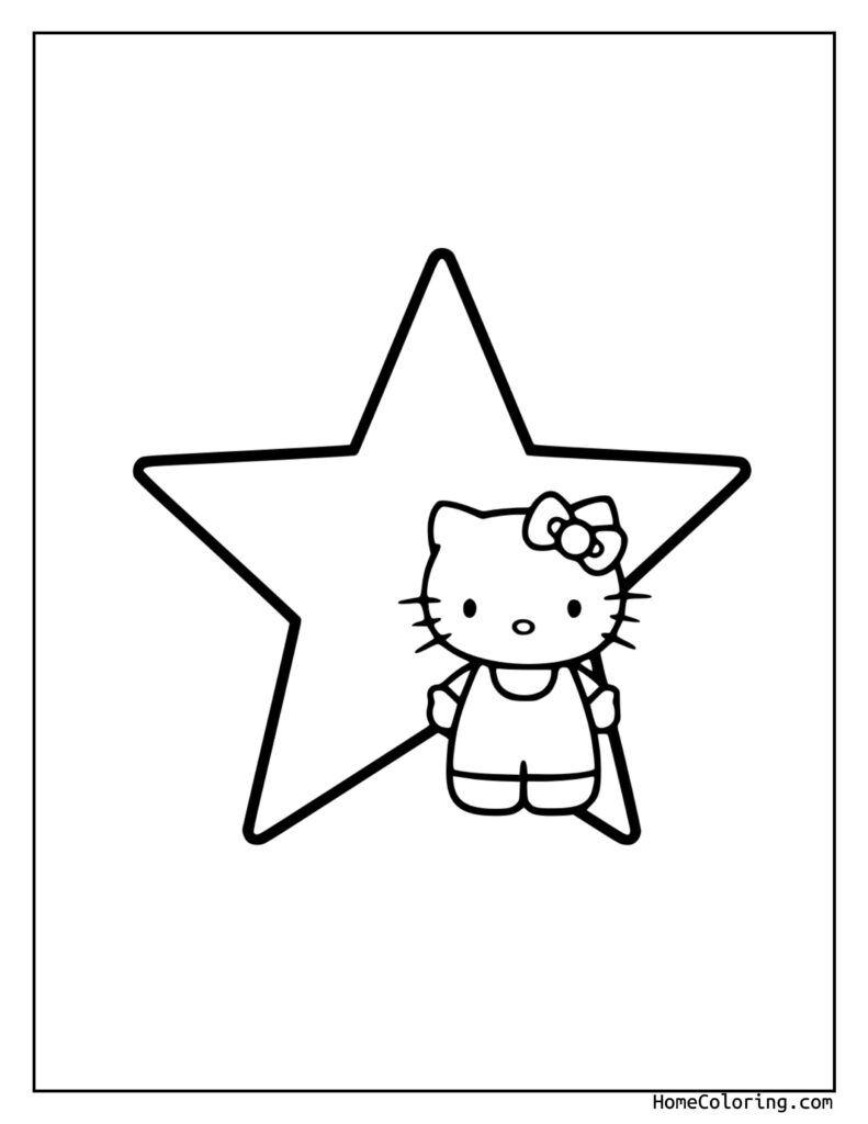 Hello Kitty Star coloring page featuring Hello Kitty with her signature bow inside a large star outline, perfect for kids to color and enjoy.