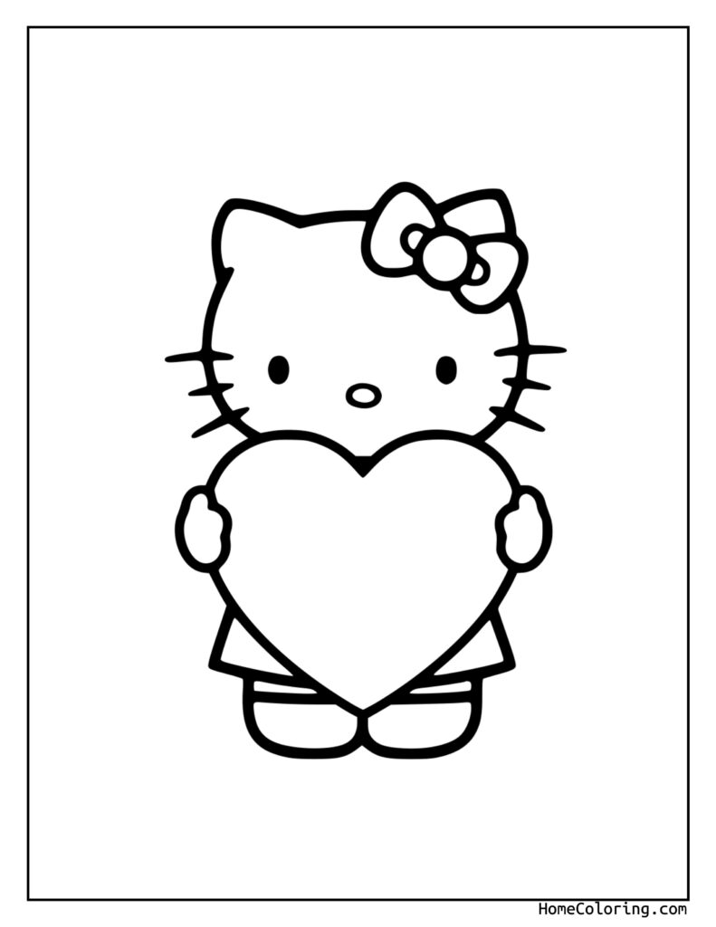 Hello Kitty coloring page featuring the beloved character holding a large heart, with her signature bow and dress, ready for kids to color.