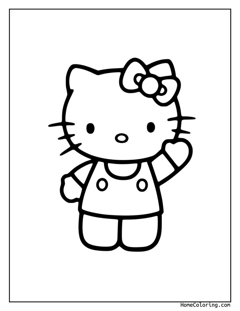 Hello Kitty coloring pages featuring a black and white line drawing of Hello Kitty with her signature bow, large eyes, whiskers, and a dress, raising her arms in a friendly gesture.