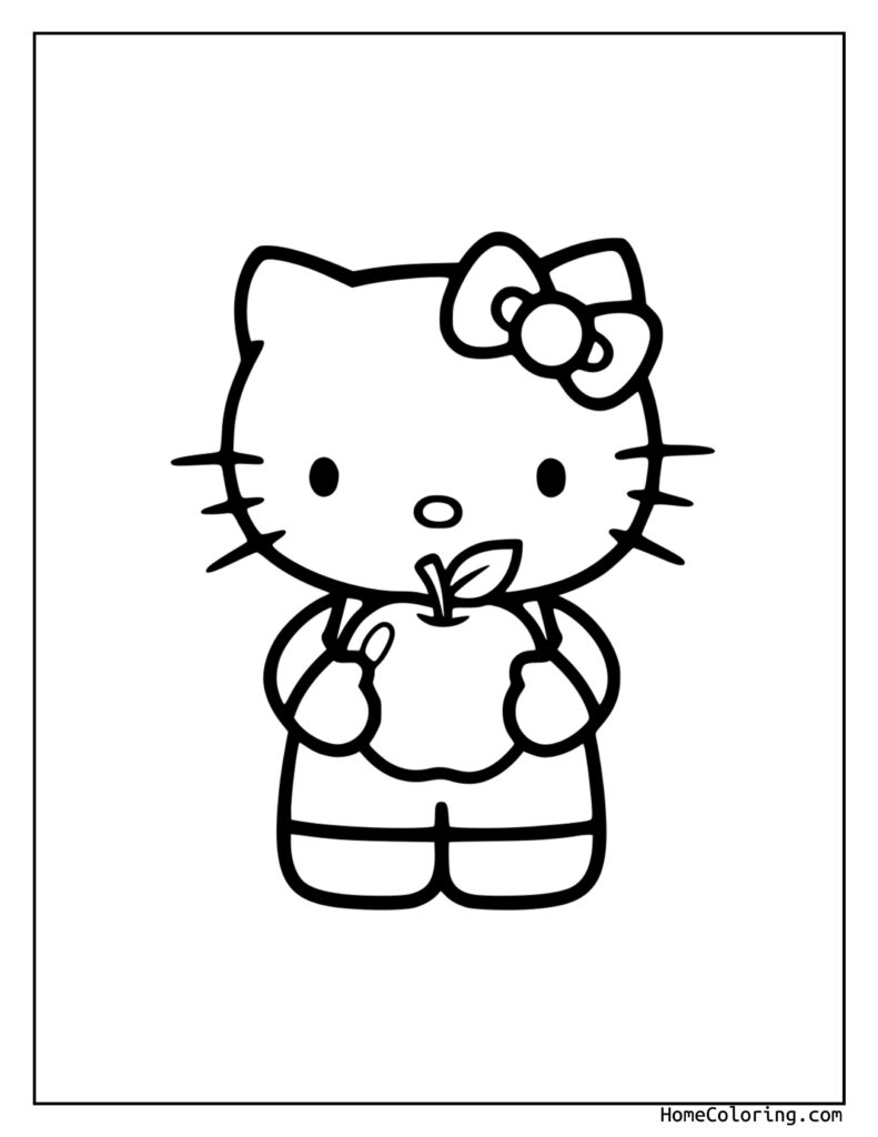 Hello Kitty coloring pages print featuring a black and white line drawing of Hello Kitty holding an apple, with her signature bow and dress.
