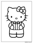 Hello Kitty con un regalo página para colorear: dibujo en blanco y negro del personaje icónico con su lazo en la cabeza y un regalo decorado con moño, vestida con un vestido de mangas cortas.
