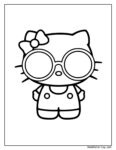 Hello Kitty con gafas: dibujo en blanco y negro de este tierno personaje con ojos grandes, un lazo en la cabeza y vestido con botones, listo para colorear.