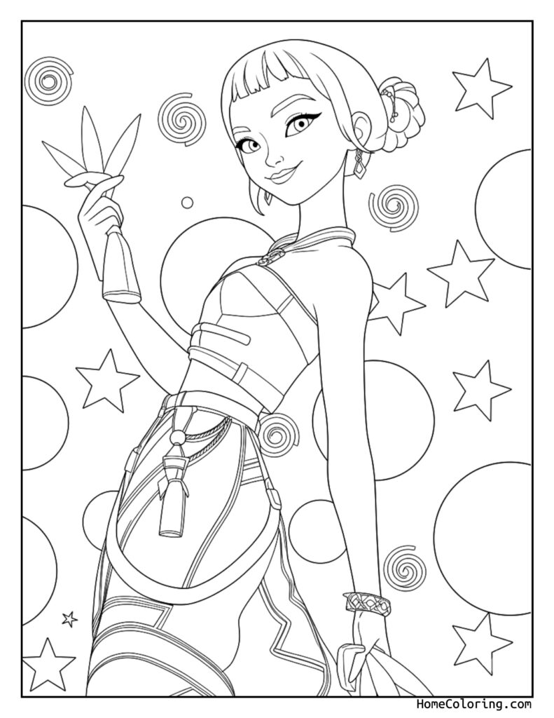 Huntrix Zoey coloring page featuring a stylish female character in a dynamic pose, holding scissors, with whimsical circular patterns, stars, and swirls in the background.