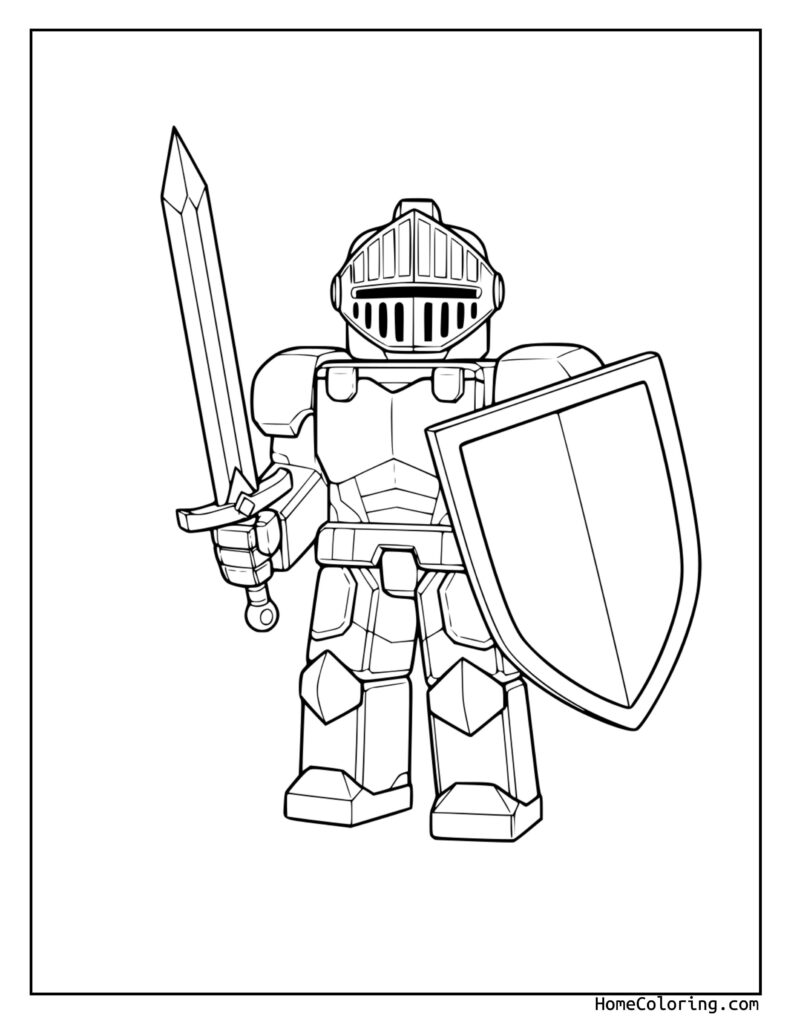Knight – Roblox coloring page featuring a detailed line drawing of a knight in full armor, holding a sword and shield with a rectangular design.
