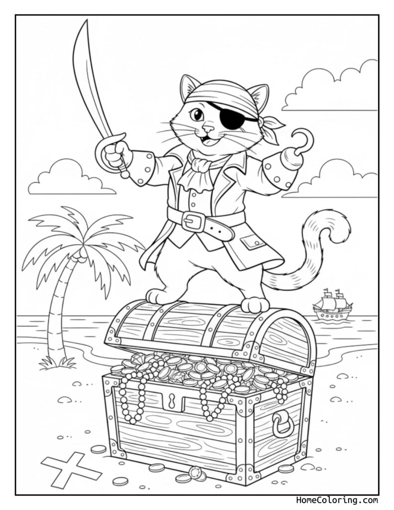 Pirate cat coloring page featuring a playful feline dressed as a pirate with an eye patch, standing on a treasure chest filled with coins and jewels, holding a sword, with a ship and palm tree in the background.