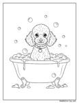 Pudel Hund in der Badewanne Ausmalbild: Ein niedlicher Pudel sitzt in einer klassischen Badewanne voller Seifenblasen und genießt sein Bad. Umgeben von schwebenden Blasen und Wassertropfen auf dem Boden.