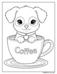 Puppy in coffee cup coloring page featuring a cute puppy sitting inside a coffee cup with the word 'Coffee' written on it, placed on a saucer with a friendly expression.