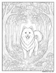 Samoyed w magicznej puszczy – szczegółowa kolorowanka przedstawiająca puszystego psa pośrodku lasu z wijącymi się drzewami, grzybami, kwiatami i liśćmi na ziemi.